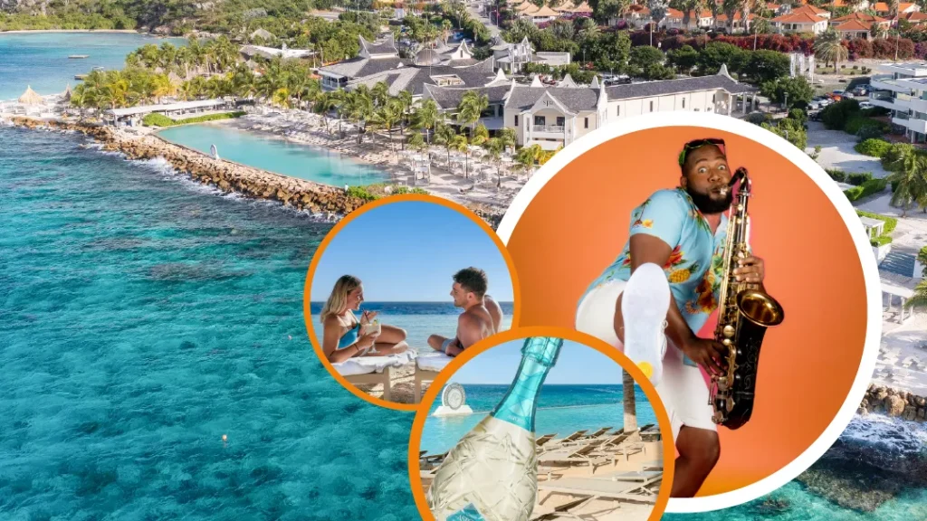 Aerial view of Papagayo Beach Club in Curaçao with turquoise waters and a beachfront pool. Overlaid circular images feature a saxophone player in festive attire, a couple enjoying drinks by the beach, and a champagne bottle in the sand, showcasing vibrant island vibes and entertainment.