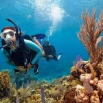 Scuba divers exploring colorful coral reefs in the Caribbean Sea near Papagayo Beach Hotel.