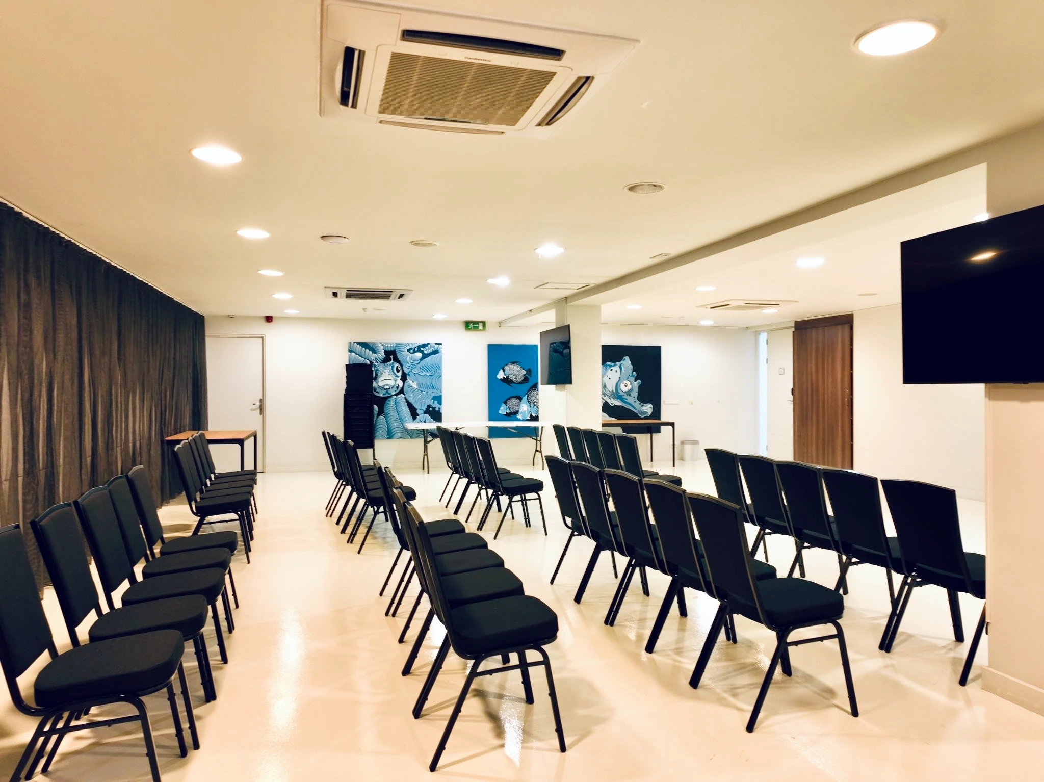 Papagayo Beach Hotel Meeting room Modern meeting room at Papagayo Beach Hotel with rows of black chairs, white walls, and ocean-inspired artwork, ideal for events and presentations.